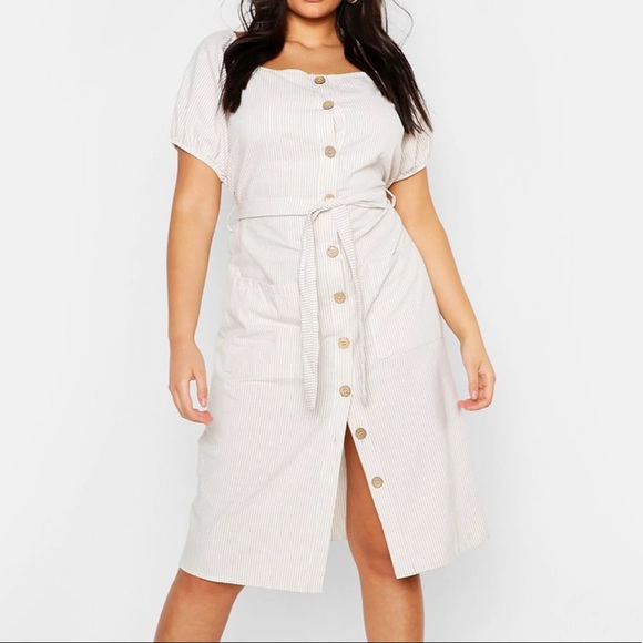Boohoo Dresses & Skirts - Striped Linen Button Front Midi Dress NWOT